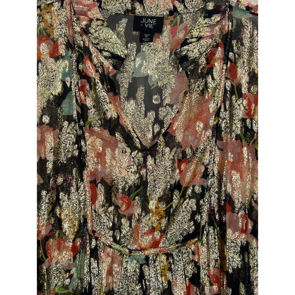 June + Vie Metallic Floral Blouse 2X Boho Peasant Top Shimmering Artsy Luxe - Picture 4 of 9